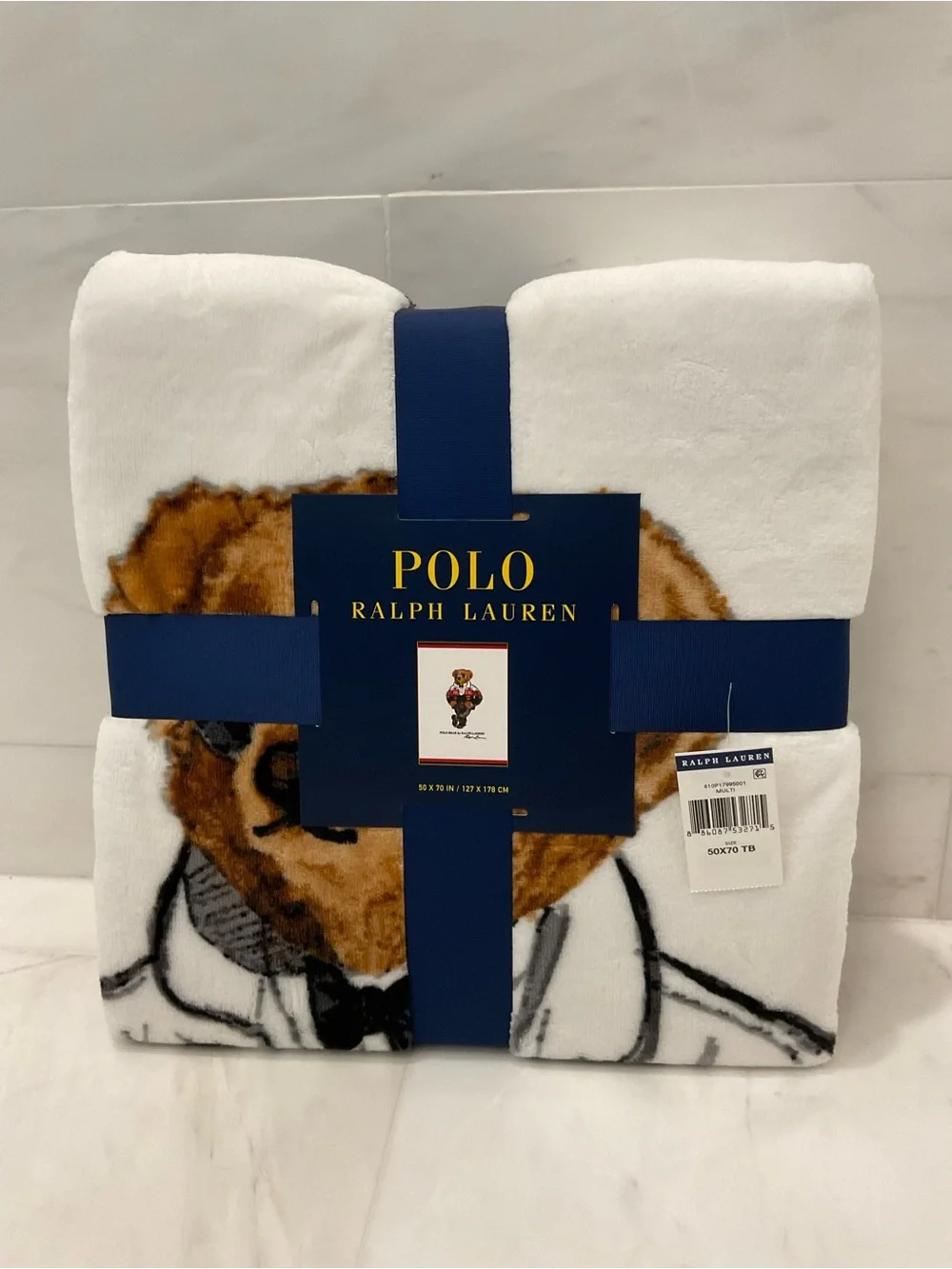NWT POLO Ralph Lauren White TUXEDO RACING JACKET BEAR 50” X 70” Fleece Blanket